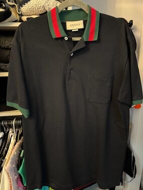 Gucci Black Polo with Green and Red Striped Collar